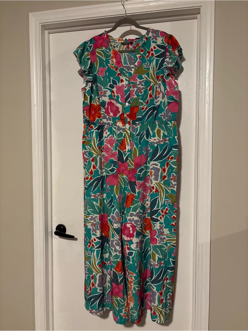 ⭐️BloomChic Teal Tropical Floral Jumpsuit with Pink & Orange Blooms